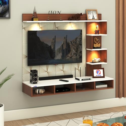 Image of Laura Engineered Wood Wall-Mount TV Unit with Printed PVC Back Panel & LED Lights | TV Cabinet with Storage Box & Decorative Shelves (Walnut /White) for TVs up to 43 Inch | DIY Installation