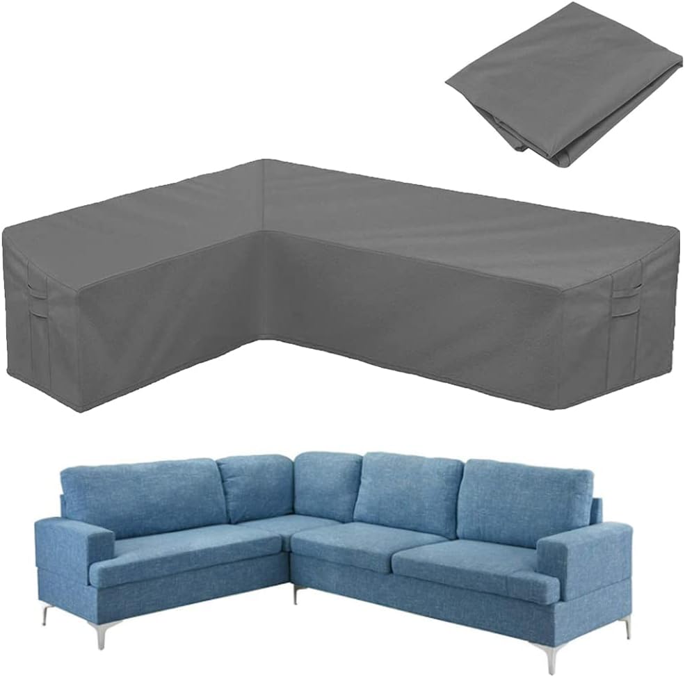 Patio L-Shaped Sectional Sofa Cover Waterproof Outdoor Furniture Cover 420D Heavy Duty V-Shaped Sectional Couch Cover Gray Lawn Garden Furniture Set Covers with Buckle Strap (106x106in)