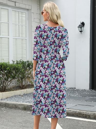Image of Heymoments Women's Casual 3 /4 Sleeve Midi Dress Crewneck A Line Tiered Flowy Loose Travel Long Dresses with Pockets