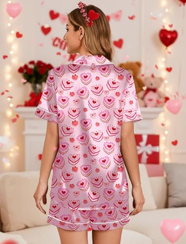 Image of Ekouaer Womens Satin Silk Pajamas Set Short Sleeve Sleepwear Button Down Top and Shorts Loungewear 2 Piece Pjs Set S-XXL Heart-Shaped Cake Medium