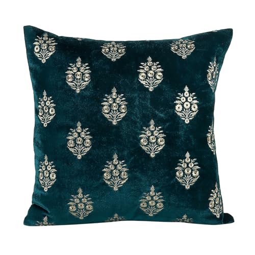 Image of Decoghar Turquoise Handmade Sofa Cushion Covers | Golden Zari Leaf Embroidered Square Throw Pillow Cushion Cover | 16 X 16 Inch | Pack of 2