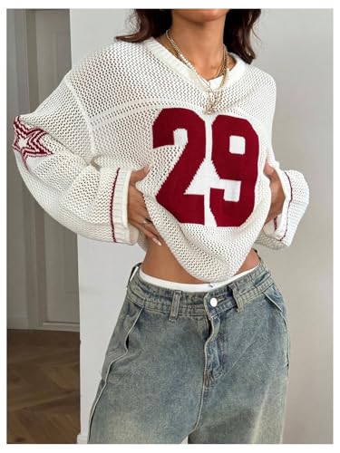 Women's Y2k Going Out Tops Oversized Jersey Shirt Graphic V Neck Crochet Pullover Sweater Long Sleeve Knit Tops4