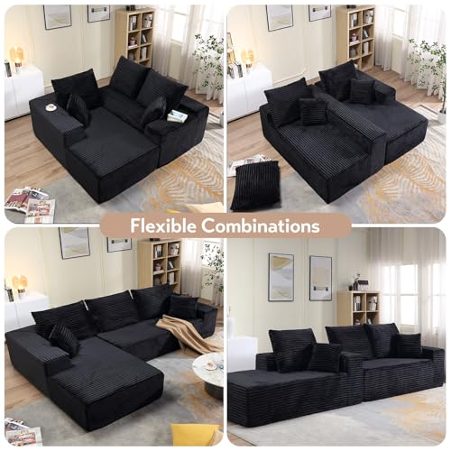 Image of 107 inch W Modular Sectional Sofa, Upholstered Corduroy Cloud Couch with Deep Seat, Modern 3-Seater L-Shaped Sofa for Living Room, No Assembly Required (Black, Left-Facing Chaise)