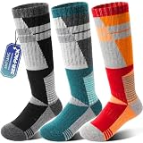 ANTSANG Kinder Merino Woll Skisocken Jungen Mädchen Thermisch Dick Warm Winter Gemütlich Kniehohe Socken zum Skifahren Snowboarden 3 Paar(Grau/Grün/Orange,29-34)