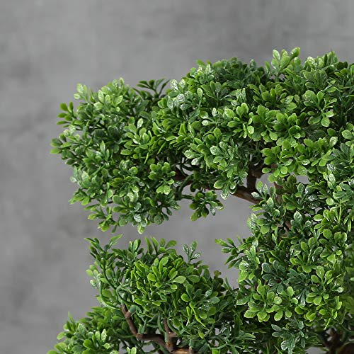 Realistic Faux Harland Boxwood Bonsai Tree, Houseplant, White Round Pot, Pebbles, Padded Bottom, Over 1 Ft Tall, (H33Cm) #TOP3