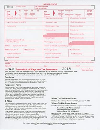 W-3 Laser Tax Summary/Transmittal Form -2020- IRS Approved ~Pack of 10~