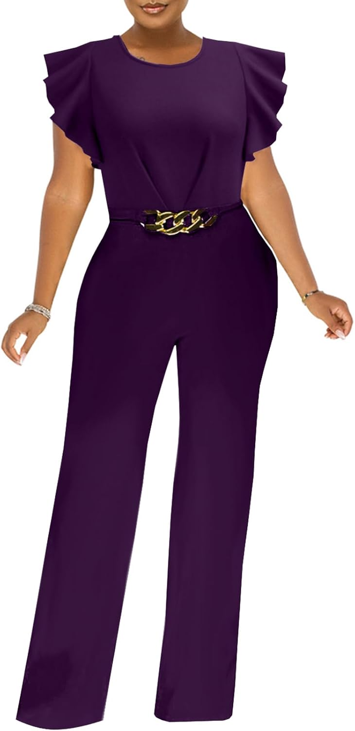 ZonJie Jumpsuits for Women Dressy Ruffle Sleeve Round Neck Backless One Piece Work Party Wide Leg Long Pants