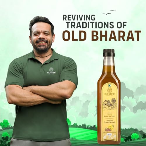 Image of ROSIER Stone Pressed Organic Yellow Mustard Oil 1 L | Traditional Stone Pressed Single Filtered Cooking Oil | Kolhu /Kacchi Ghani /Chekku | Pure, Natural and Healthy Mustard Oil 1 Litre
