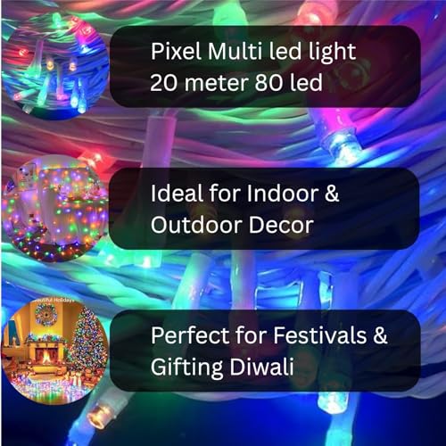 Image of One94Store 20 Meter LED Pixel String Lights with 80 LEDs | Copper Wire Multicolor LED Bulb Series with White Wire for Diwali, Christmas, Party & Home Decoration | Fairy Light Style | Pack of 3 (Multi)