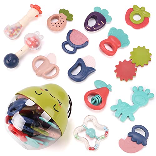 Image of Lemon Legend 14pcs Baby Rattles Teethers Set, Sensory Teeth as a Newborn Birthday Gift for 0 1 2 3 4 5 6 7 8 9 10 12 Months Baby Boys Girls with a Pear Container