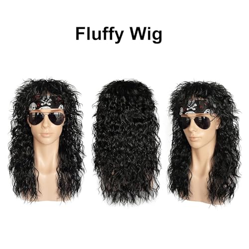Bibarajm 7 Pcs Rocker Costume Men'S Wigs Black Curls Disco Costume Men'S Party Costume Men With Wigs Sunglasses Beards Sleeves Gloves Headscarves For 70S 80S 90S thumb #2