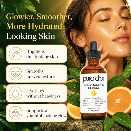 PURA D'OR 20% Vitamin C Facial Serum 4 Oz Antioxidant Anti-Aging Blend w/Retinol, Hyaluronic Acid, Ferulic Acid - Hydrating Lightweight Ayurvedic Skin Care - Men Women Daily Use - Image 4