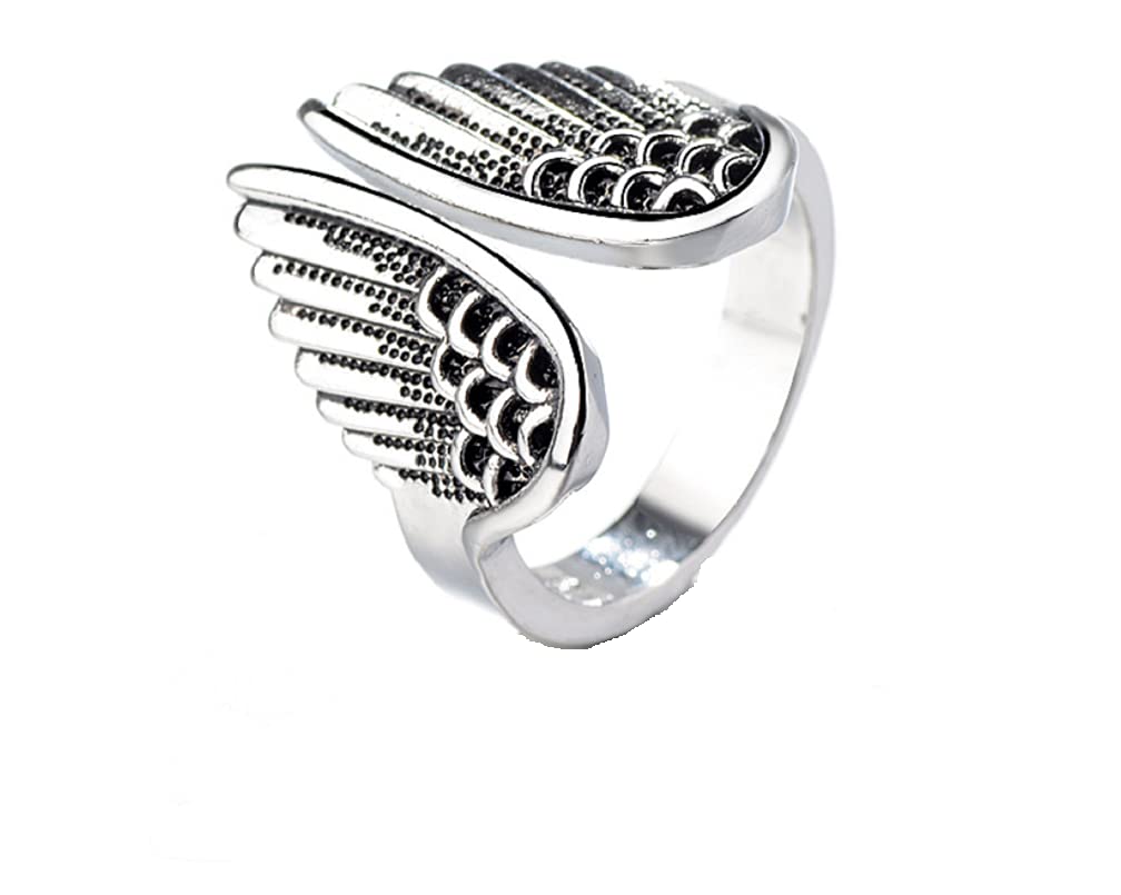FLYYQMIAOAdjustable 925 Vintage Silver Angel Wing Open Rings Finger Ring Fashion Feather Cast Black Vintage Open Cuff Ring Punk Jewelry for Women Men