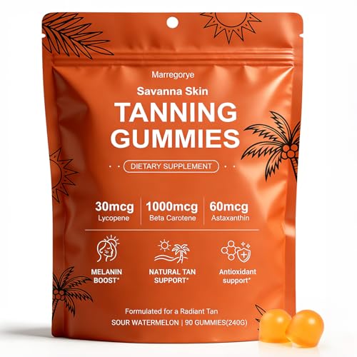 Savanna Skin Tanning Gummies Tanning Gummies for Women Astaxanthin Beta-Carotene Lycopene & Vitamins C&E Vegan Gluten-Free Sour Watermelon Radiant Skin & Natural Bronze Glow 90 Gummies