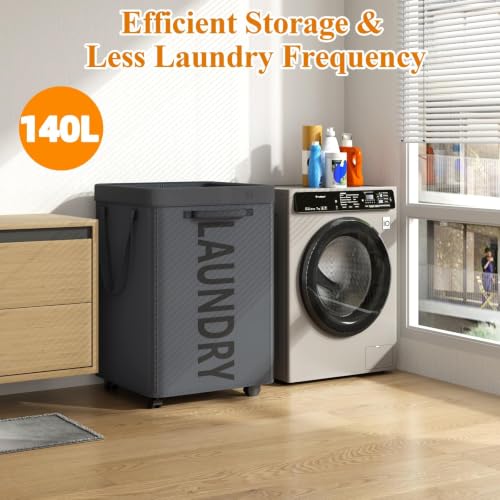 Image of Optish 140L Laundry Hamper with Wheels, Rolling Laundry Basket with Removable Mesh Bag, Extra Large Clothes Hamper on Wheel for Bedroom, Bathroom, Dorm Room Essentials, Grey