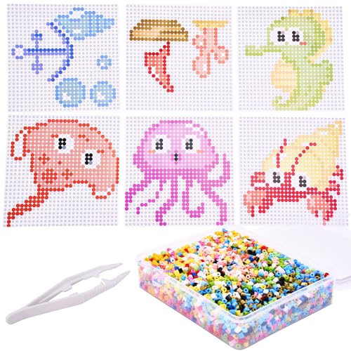 Neliblu Fuse Beads Kit - 5000 Melting Beads in 18 Colors - DIY Sea Bead Art Set - Comes with 1 pegboard, 12 idea Papers, a tweezer, and 1 Ironing Paper - 100% Non-Toxic Food Grade Plastic