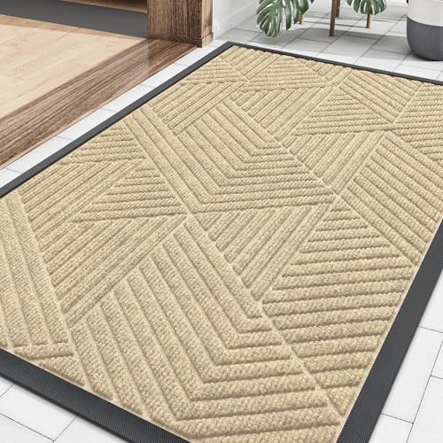 Image of Smiry Front Door Mat Outside Entrance, Heavy Duty Sturdy Natural Rubber Doormat, Trap Dirt and Moisture, Easy Clean Low Profile Welcome Floor Mats for Indoor Outdoor Entry, 35X23 Inch, Cream White
