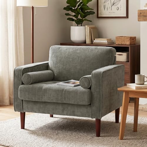 Image of Accent Chairs Stet of 2, Chenille Upholstered Armchairs for Living Room, Comfy Single Sofa Bedroom Reading Seat with 2 Bolster Pillows, Taupe