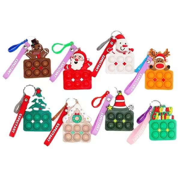8Pcs Christmas Pop Push Keychain Fidget Toys Pack, Fidget Sensory Toy Ball Anti-Anxiety Stress Relief Hand Toys Party Favors Supplies Christmas for Kids Adult