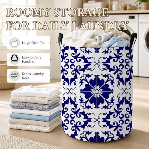 Image of Boho Laundry Basket Oxford Cloth Blue White Tile Laundry Hamper With Handle Foldable Portable Clothes Storage Basket Storage Bag For Laundry Room /Bathroom /Bedroom /Dormitory 20.8 inchx16 inch
