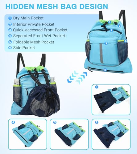Drawstring Backpack, Waterproof Sandproof Beach Backpack for Sport Gear Small Gym Bag with Hidden Ball Net Pocket and Seperated Wet Pocket Draw String Back Bag for Women Men, Blue4