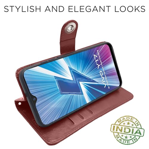 Image of Pikkme Vivo Y12 / Y15 / Y17 / U10 Flip Cover Leather Finish | Inside TPU with Card Pockets | Wallet Stand and Shock Proof | Complete Protection Flip Case (Button Brown)
