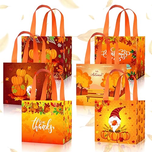 ALIBBON Lot de 6 sacs cadeaux de Thanksgiving, 3 motifs de nain de citrouille, sacs fourre-tout non tissés réutilisables, sacs d'épicerie pour l'automne, Thanksgiving, biscuits, bonbons, cadeaux,