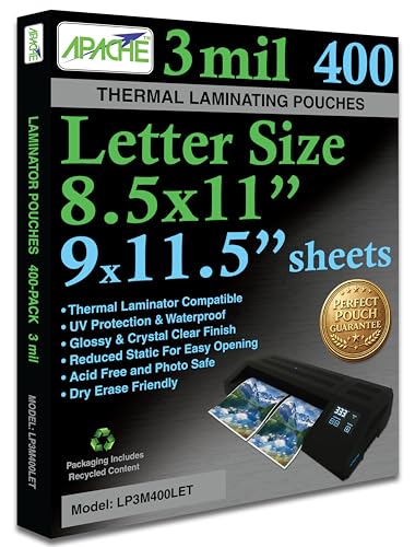 Image of Apache Letter Size Laminating Pouches, 3 Mil, 400 Pack, Holds 8.5 x 11 Inch Projects (9 x 11.5 Inch Pouch Size), Thermal Laminator Compatible Laminating Sheets, Super Clear, Round Corners