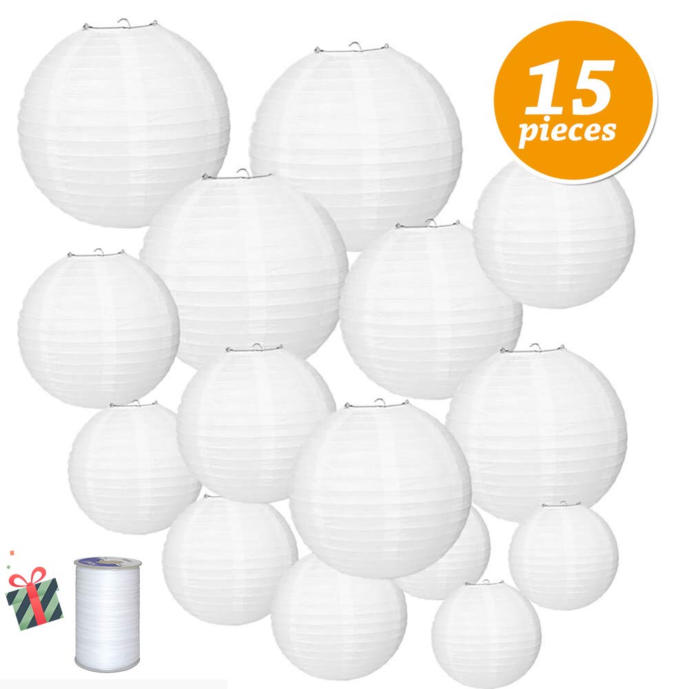 Morbuy Decorative Party Paper Lanterns, 15Pcs White Round Chinese Lantern Lamp Garland for Christmas Festival Wedding Baby Shower Party Birthday Indoor Outdoor Decorative (15 Pieces,White)