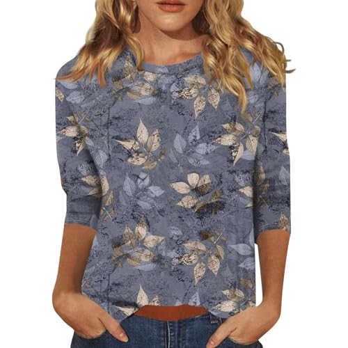 HTHLVMD Womens 3/4 Length Sleeve Tops 2025 Fall Fashion Floral Print Crewneck Causal Trendy Tunic Tops for Women