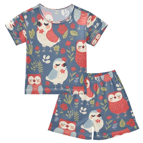 senya Short Sleeve Pajamas Sets Summer Cotton Sleepwear Flowers Birds Owl