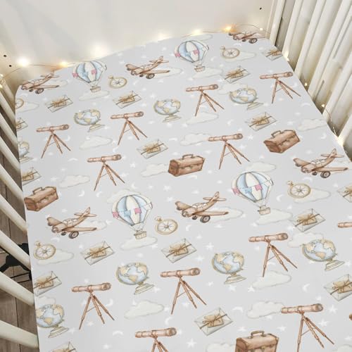 Image of Adventure Baby Crib Sheets for Boy Girl 28"x52" Travel Planes Compass Luggage Globe Explore Soft Snug Fitted Crib Mattress Covers Holiday Vacation Baby Sheet for Standard Crib & Toddler Bed Mattress