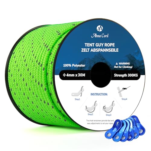 Abma Cord Abspannseile Zeltschnur mit 6 Stück Seilspanner 4mm 30M Zeltseil für Camping, Zelte, Sonnensegel, Vorzelt - Reflektierende Neon Grün