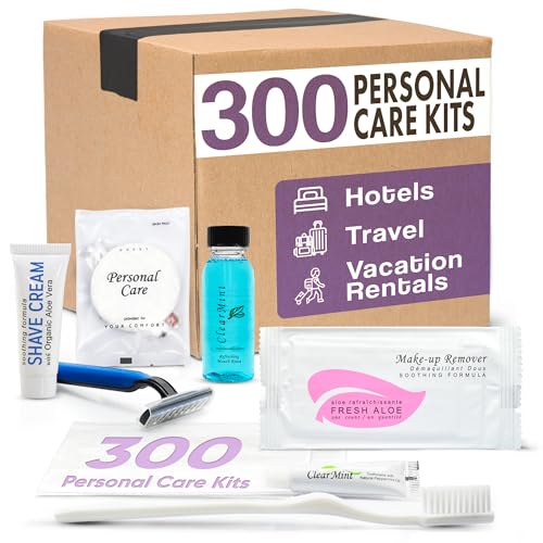 Personal Care Travel Toiletries | 1-Shoppe Amenities Kit | Travel Shaving Set, Toothbrush & Paste, Mouthwash, Makeup Wipes, Swabs, Nail File & Sewing Kit | 300 Pieces