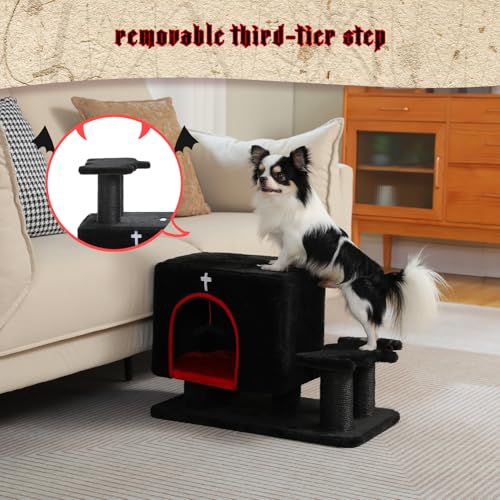 Image of Gothic 3-in-1 Dog Stairs & Cat Scratching Post with Condo - Pet Steps for High Beds, Sofa & Couch, 3-Tier Cat Tower with Sisal Scratching Pad for Small Dogs, Cats & Kittens, Black
