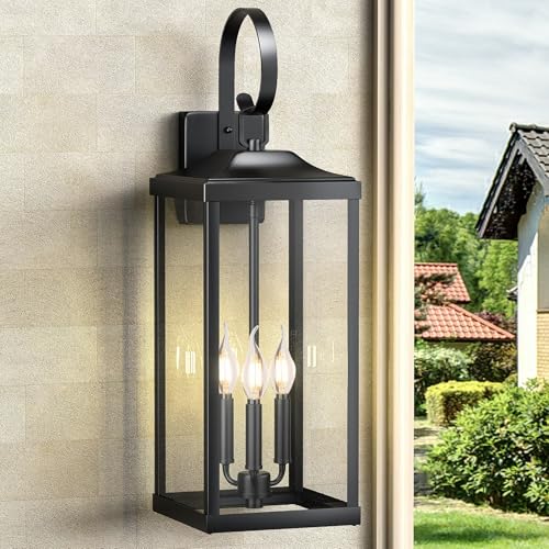 Image of 24 inch Extra Large Outdoor Wall Lights, Waterproof Outdoor Wall Sconce 3-Light | Modern Outside Wall Lanterns Coach Light with Clear Tempered Glass, Exterior Lighting Fixtures for House Porch, Black, 1-Pack