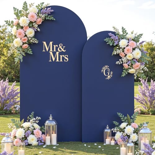 Image of Navy Blue Arch Backdrop Cover Set of 2 Spandex 7.2 and 6ft Arch Covers Stretchy Backdrop Wedding Balloon Arch Stand Covers for Birthday Party Baby Shower Bridal Shower Banquet Photo Arches Background