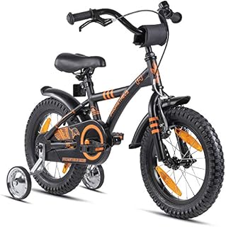 PROMETHEUS BICYCLES Rower dziecięcy 14 cali od 4 lat  rower dziecięcy, dla dziewcząt, chłopców, z kółkami podporowymi, hamulec nożny w kolorze czarnym, matowym, pomarańczowym