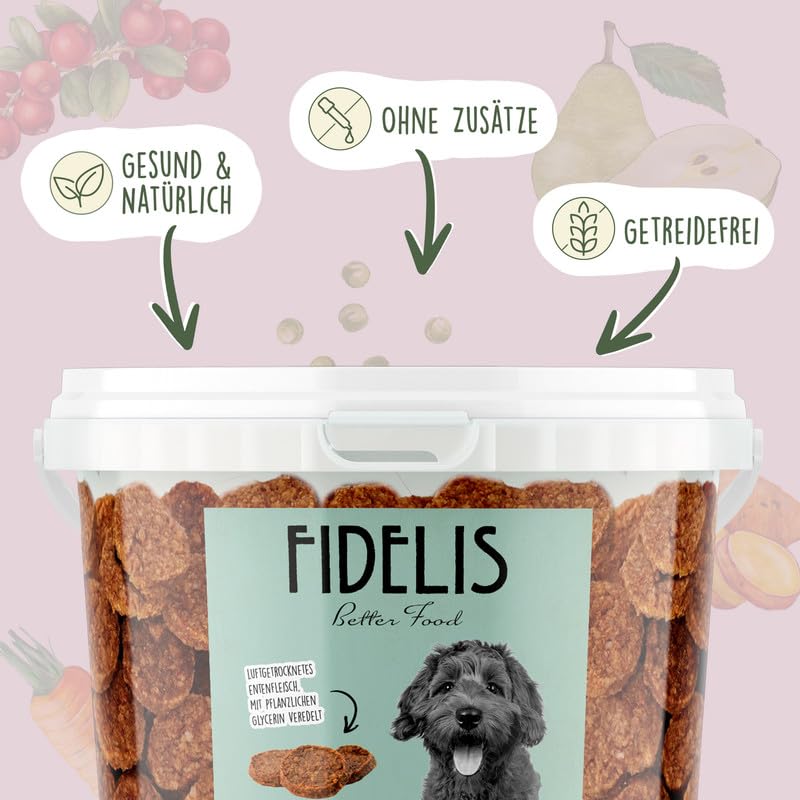Fidelis – Entenburger für Hunde im wiederverschließbarem 1kg-Eimer - Luftgetrocknete Hunde Leckerlis aus 100% natürlichen Rohstoffen