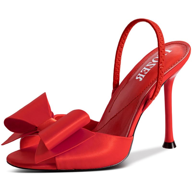 Image of Satin High Heels Slingback Open Toe Mules Sandals Bow Stiletto Sexy Heels Comfortable Wedding Party Shoes