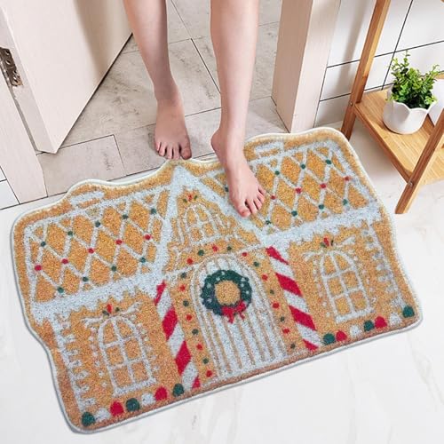2 Pieces Gingerbread Christmas Welcome Mat, 60x40cm Ginger Bread House Welcome Door Mat, Non-Slip Winter Rug Door Mat, Room Gingerbread House Doormat Christmas Carpet Decor for Porch Floor - Image 3