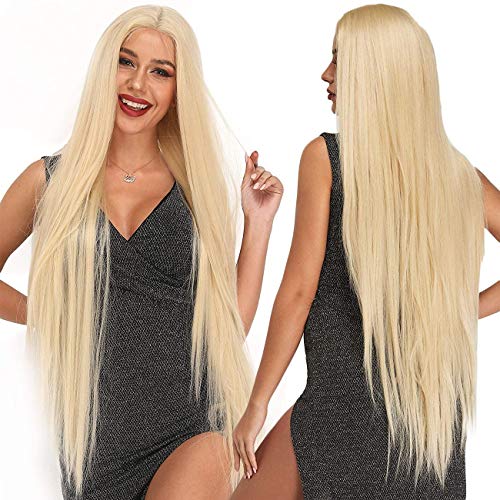 Ebingoo Blonde Lace Front Wig Platinum Blonde Synthetic Lace Front Wig Long Straight Wig for Women Blonde Wig with Middle Part Smooth Hair for Daily Wear