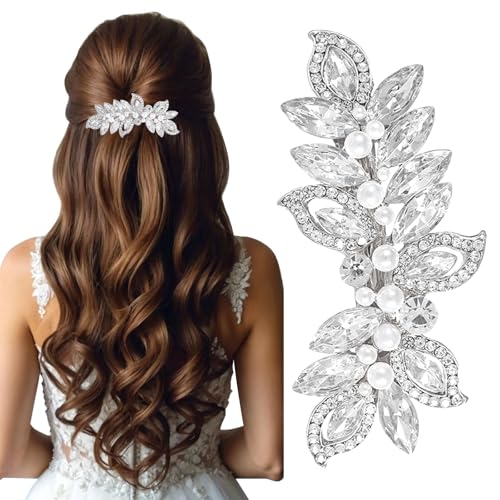 LunarCharm Barrettes en strass avec perle, bijoux de cheveux argentés pour femmes, épingles à cheveux cristallines, pinces à cheveux feuillues pour...