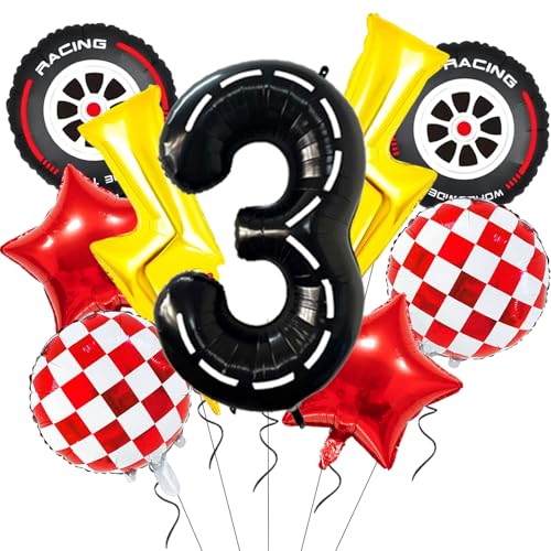 Cartoon Race Car Birthday Party Decorations Large Lightning Bolt Foil Balloons Race Car Balloons 40 Inch Racetrack Number 3 Balloon for Boys 3rd Cars Themed Birthday Party Decor Supplies