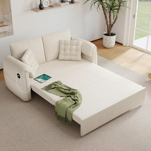 Mvpipi 3-in-1 Convertible Sleeper Sofa Bed(87" Length),62.9" W Couch with Pull Out Bed with 6-Position Backrest,Hidden Storage & USB for Living Room,Beige