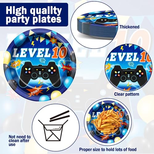 Image of 96Pcs Level 10 Plates and Napkins Sets Level Up 10 Unlocked Birthday Decorations 10th Birthday Plates for Boys Video Game Supplies 10th Blue Gaming Pattern Design Party Favors for 24 Guests