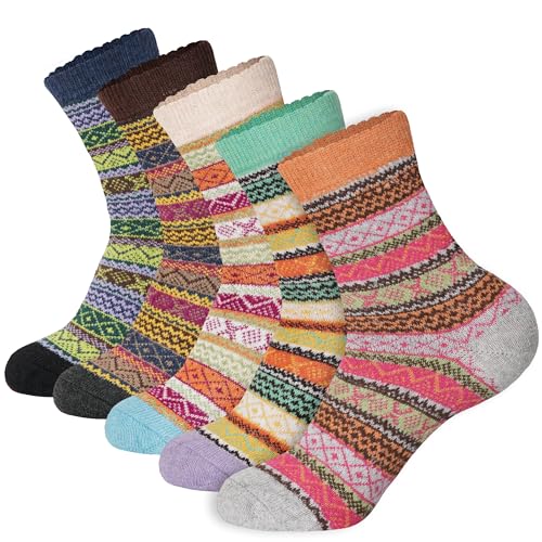 Image of LOCONHA Womens Wool Socks 5 Pairs Winter Warm Sock Thick Knit Cabin Cozy Crew Soft Socks Gifts for Women