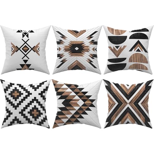 Aztec Throw Pillow Covers Set of 6,Rustic Southwestern Western Brown