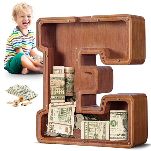 Image of Summidate Large Wooden Piggy Bank for Kids Adults, Letter E Money Bank for Boys Girls, Personalized Initial Alphabet Bank for Coins Bills Change, Birthday and Decor