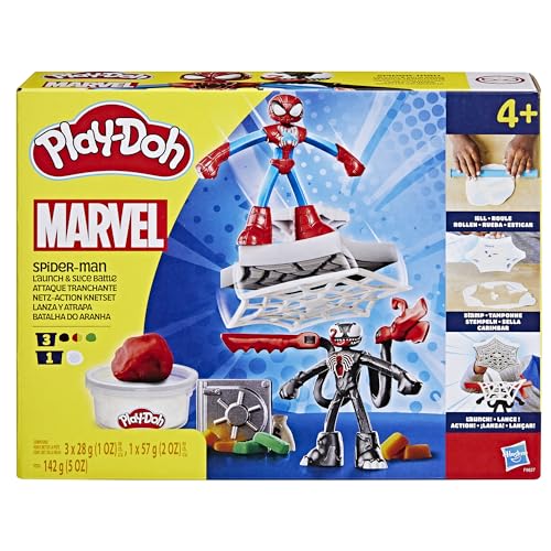 Play-Doh Marvel Spider-Man Netz-Action Set, 2 Spielfiguren und vielen Knetformen, 4 Dosen Modelliermasse in passenden Farben, kreatives für Kinder ab 3 Jahren